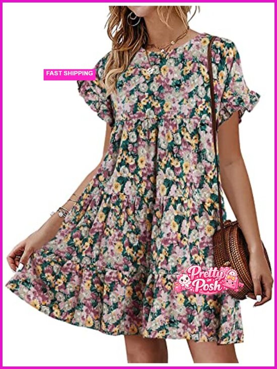 Dresses & Skirts - Ruffle Boho Floral Printed Babydoll Loose Swing Mini T-Shirt Dress